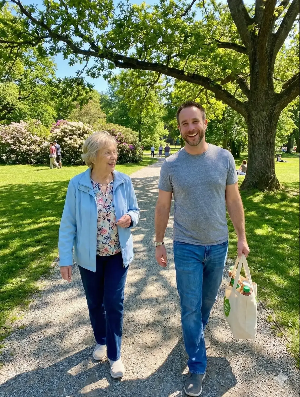 Matt and a caregiving client out for a walk after shopping
